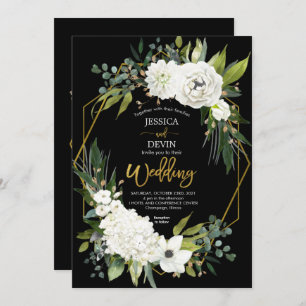 Invitation Mariage de cadre moderne blanc floral noir or