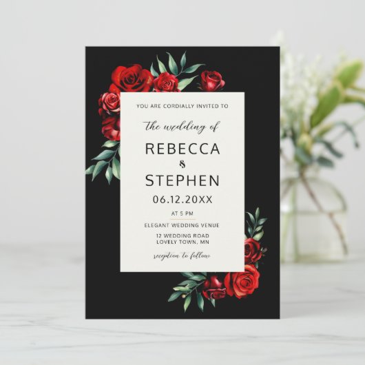 Invitation Mariage de cadre moderne classique rouge rose noir (Debout devant)