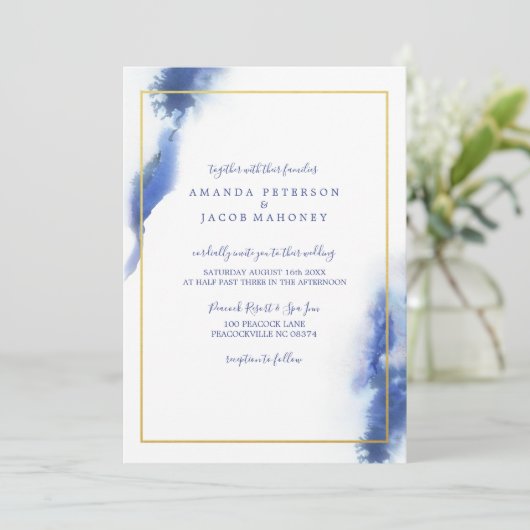 Invitation Mariage de cadre or Ombre en marbre bleu (Debout devant)