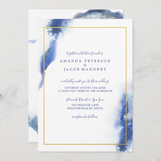 Invitation Mariage de cadre or Ombre en marbre bleu (Devant / Derrière)