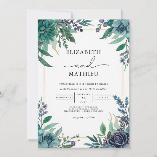 Invitation Mariage de cadre végétal Turquoise profond (Devant)