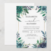 Invitation Mariage de cadre végétal Turquoise profond (Devant / Derrière)