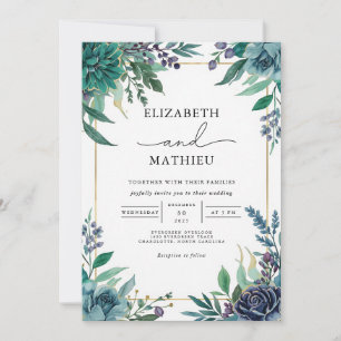 Invitation Mariage de cadre végétal Turquoise profond