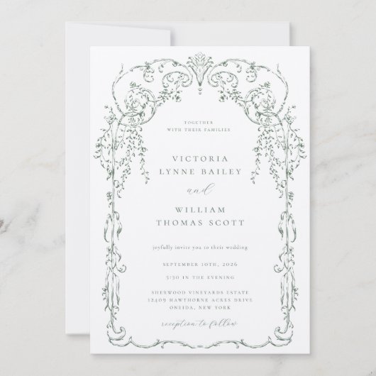 Invitation Mariage de cadre victorien vert Sage (Devant)