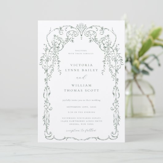 Invitation Mariage de cadre victorien vert Sage (Debout devant)