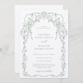 Invitation Mariage de cadre victorien vert Sage (Devant / Derrière)
