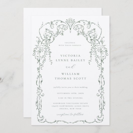 Invitation Mariage de cadre victorien vert Sage (Devant / Derrière)
