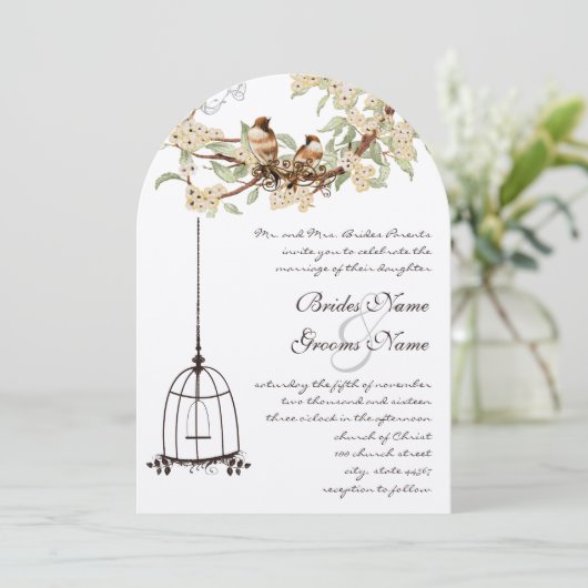 Invitation Mariage de cage d'oiseau Lovebird en fleurs de cer (Debout devant)