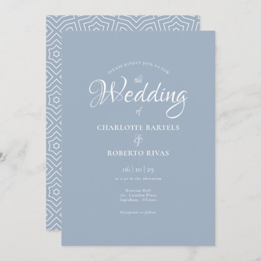 Invitation Mariage de calligraphie bleu simple Dusty (Devant / Derrière)