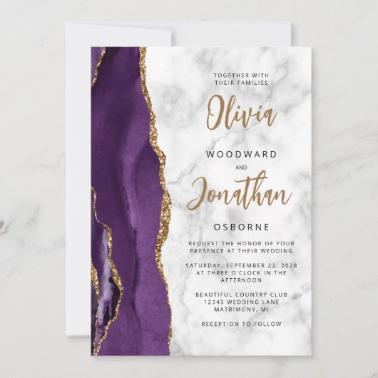 Invitation Mariage de calligraphie d'agate de marbre d'or vio (Devant)