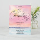 Invitation Mariage de calligraphie de coucher de soleil rose  (Debout devant)