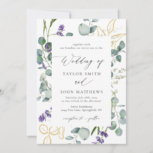 Invitation Mariage de calligraphie de l'eucalyptus or (Devant)