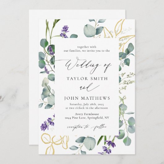 Invitation Mariage de calligraphie de l'eucalyptus or (Devant / Derrière)