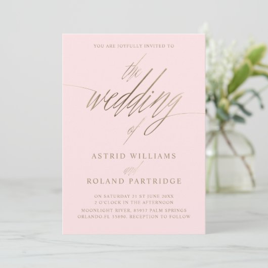 Invitation Mariage de calligraphie dorée moderne Blush Pink & (Debout devant)