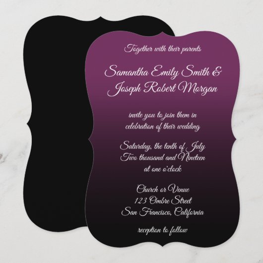 Invitation Mariage de calligraphie élégant Ombre noir violet (Devant / Derrière)