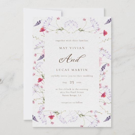 Invitation Mariage de calligraphie Fleur sauvage aquarelle (Devant)