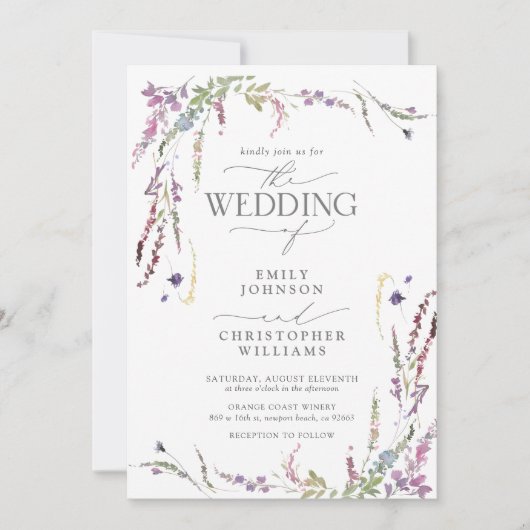 Invitation Mariage de calligraphie Fleur sauvage pourpre QR C (Devant)