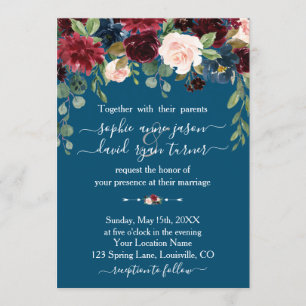 Invitation Mariage de calligraphie florale bleu de la marine 