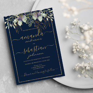 Invitation Mariage de calligraphie florale bleu marine or