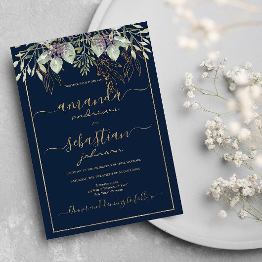 Invitation Mariage de calligraphie florale bleu marine or