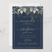 Invitation Mariage de calligraphie florale bleu marine or (Devant)