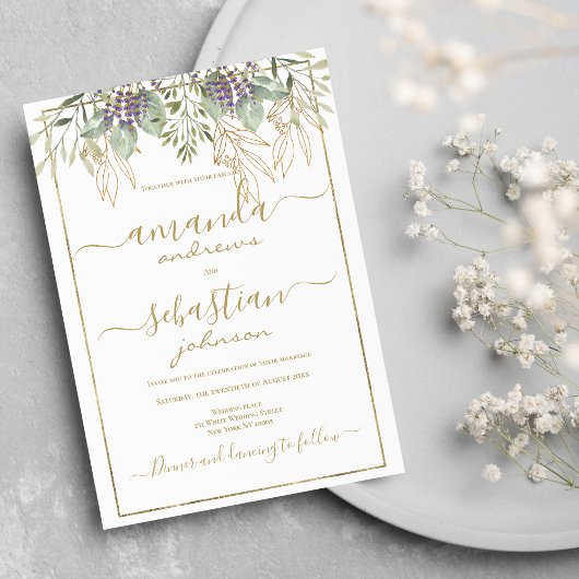 Invitation Mariage de calligraphie florale du feuillage d'or