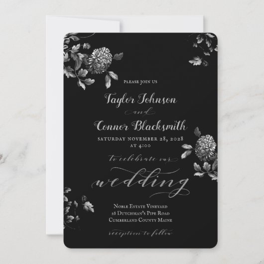 Invitation Mariage de calligraphie florale en argent noir rus (Devant)