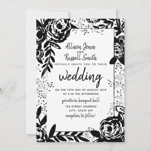 Invitation Mariage de calligraphie florale noir + blanc (Devant)