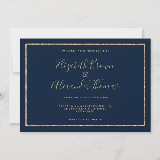 Invitation Mariage de calligraphie manuscrite en or bleu mari (Devant)