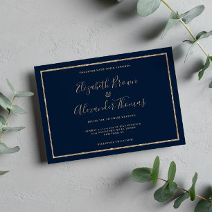 Invitation Mariage de calligraphie manuscrite en or bleu mari