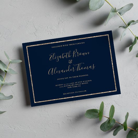 Invitation Mariage de calligraphie manuscrite en or bleu mari