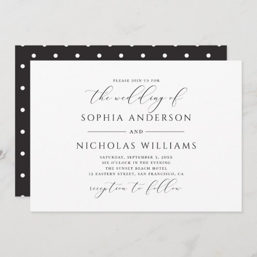 Invitation Mariage de calligraphie noir et blanc. Pois (Devant / Derrière)