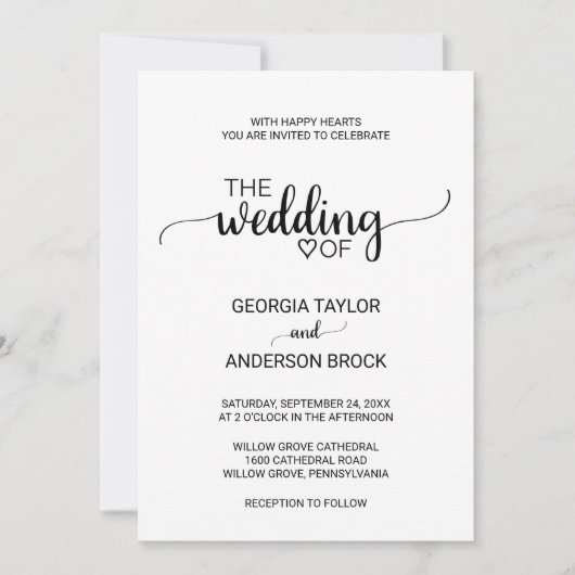 Invitation Mariage de calligraphie noire simple (Devant)