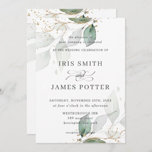 Invitation Mariage de calligraphie or Foliage Vert Chic (Devant / Derrière)