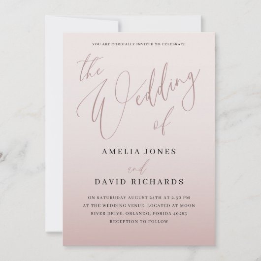 Invitation Mariage de calligraphie or Rose moderne (Devant)