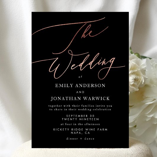 Invitation Mariage de calligraphie or Rose noir moderne