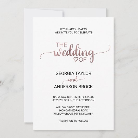 Invitation Mariage de calligraphie or Rose simple (Devant)