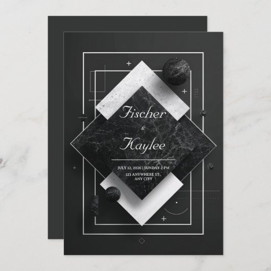 Invitation Mariage de calques géométriques en marbre noir (Devant / Derrière)