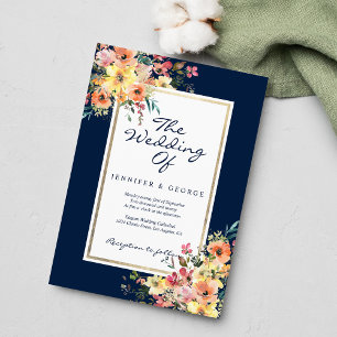 Invitation Mariage de campagne floral bleu marine corail oran