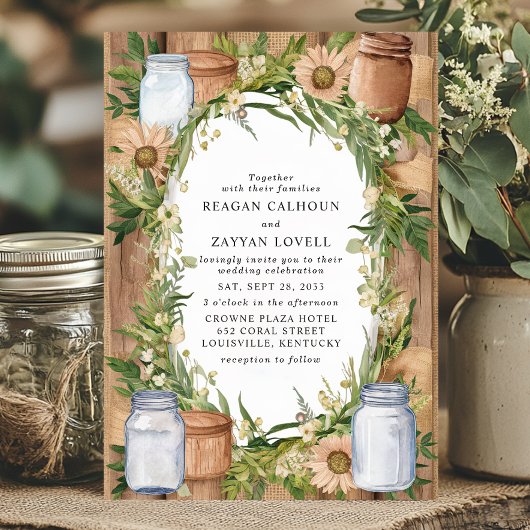 Invitation Mariage de campagne floral rustique en pot Mason e