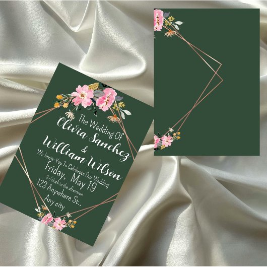 Invitation Mariage de campagne Vert Or Rose Pâle