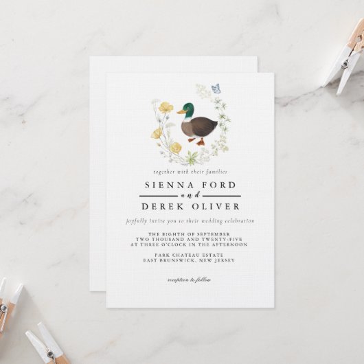 Invitation Mariage de canard colvert fleur sauvage (Devant/Arrière en situation)