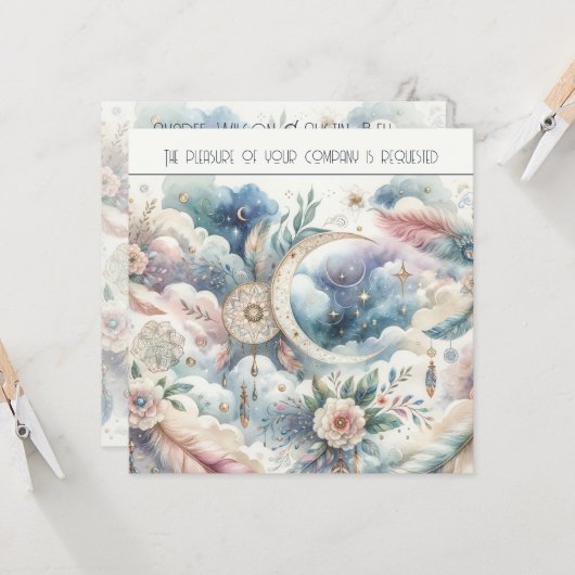 Invitation Mariage de capture de rêve Blue et Gold Celestial  (Devant/Arrière en situation)