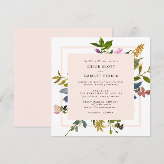 Invitation Mariage de Carré d'aquarelle rose pâle (Devant / Derrière)