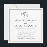 Invitation Mariage de Carré de monogramme noir et blanc<br><div class="desc">Faire-part de mariage carré classique et classe avec un design simple avec vos deux monogrammes initiaux et vos noms dans une calligraphie élégante à l'intérieur d'une mince bordure. Le dos est noir et solide. Ce design classique noir et blanc est parfait pour un mariage formel.</div>