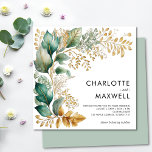 Invitation Mariage de Carré de verdure et feuille d'or<br><div class="desc">Présentez à vos invités la beauté et l'élégance de ce faire-part de mariage à la sauge carré en feuilles d'or et de verdure. Ce design botanique minimaliste et boho présente des feuilles d'eucalyptus bohèmes blancs modernes, créant une forêt émeraude fantastique enchantée. Parfait pour un mariage simple et rustique ou un...</div>