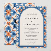 Invitation Mariage de carreaux marocains rouges et blancs d'é (Devant / Derrière)