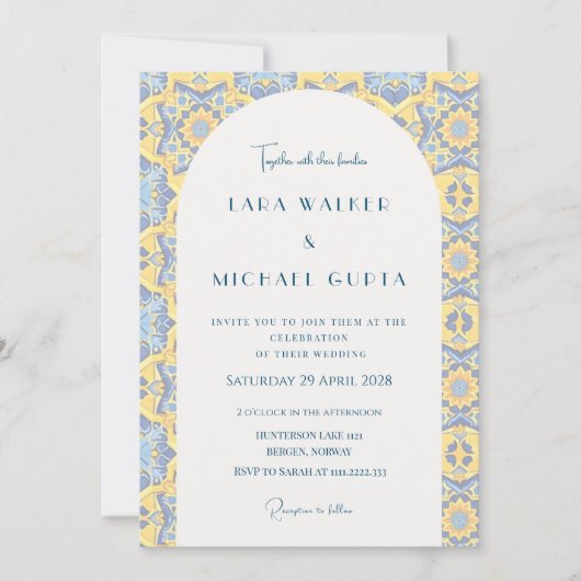 Invitation Mariage De Carrelage Italien Bleu Et Jaune Trippé (Devant)