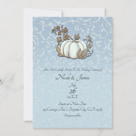 Invitation Mariage de Cendrillon Citrouille Gris Bleu Or et B (Devant)
