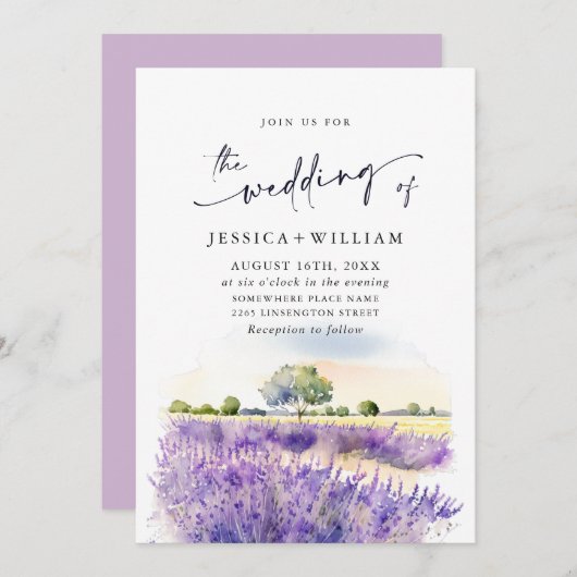 Invitation Mariage de champ Aquarelle violet (Devant / Derrière)
